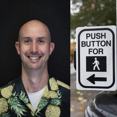 Edward J. Smaglik headshot, and pedestrian push-button that says "push button for [walk symbol]"