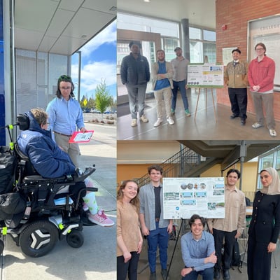 Picture collage of three of the four teams: MURP student working with C-TRAN to improve bus stop ADA accessibility speaks with a motorized wheelchair user at a bus stop; the Kernside Traffic Control Plan team gathers by a poster of their project; the Tualatin Boones Ferry Walkability team also gathers around their project poster. 