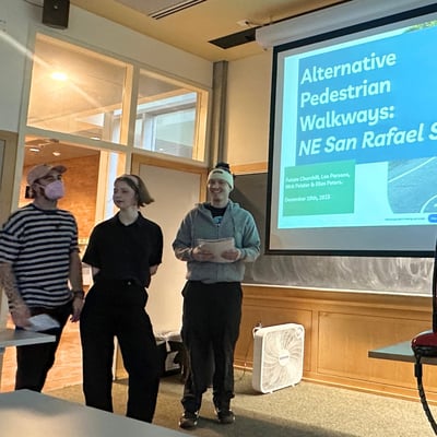 Students in the Active Transportation Planning-Design Studio present their projects in a classroom