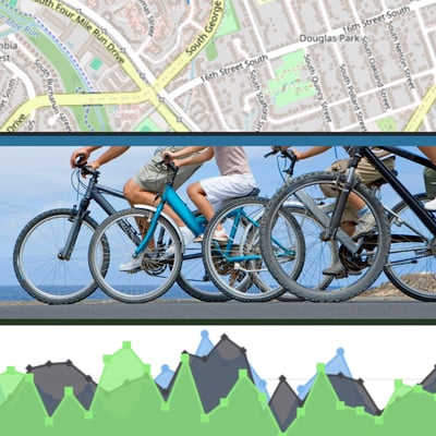 Screenshots from BikePed Portal showing maps and data charts, and a photo of bicycle wheels
